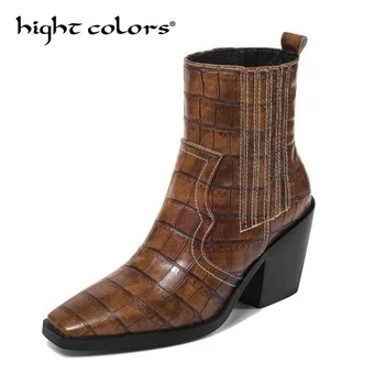 

New Thick With High-Heeled Ankle Boots Sexy Square Head Stone Pattern Knight Women's Boots 41 42 43 Large Size Motorcycle boot