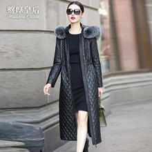 Зимняя женская куртка из натуральной кожи, Женская длинная приталенная Дизайнерская куртка из овчины, пальто с хлопковой подкладкой, верхняя одежда