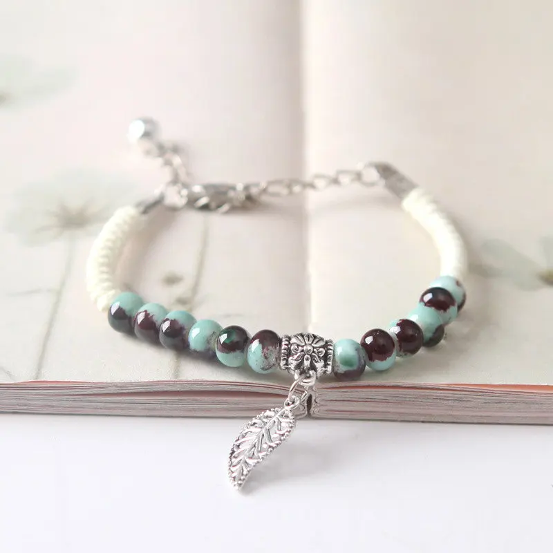 

8SEASONS Handmade Chinese Style Bracelets White Braided Rope Ceramics Beads Dull Silver Color Leaf Pendants Ethnic, 1 Piece