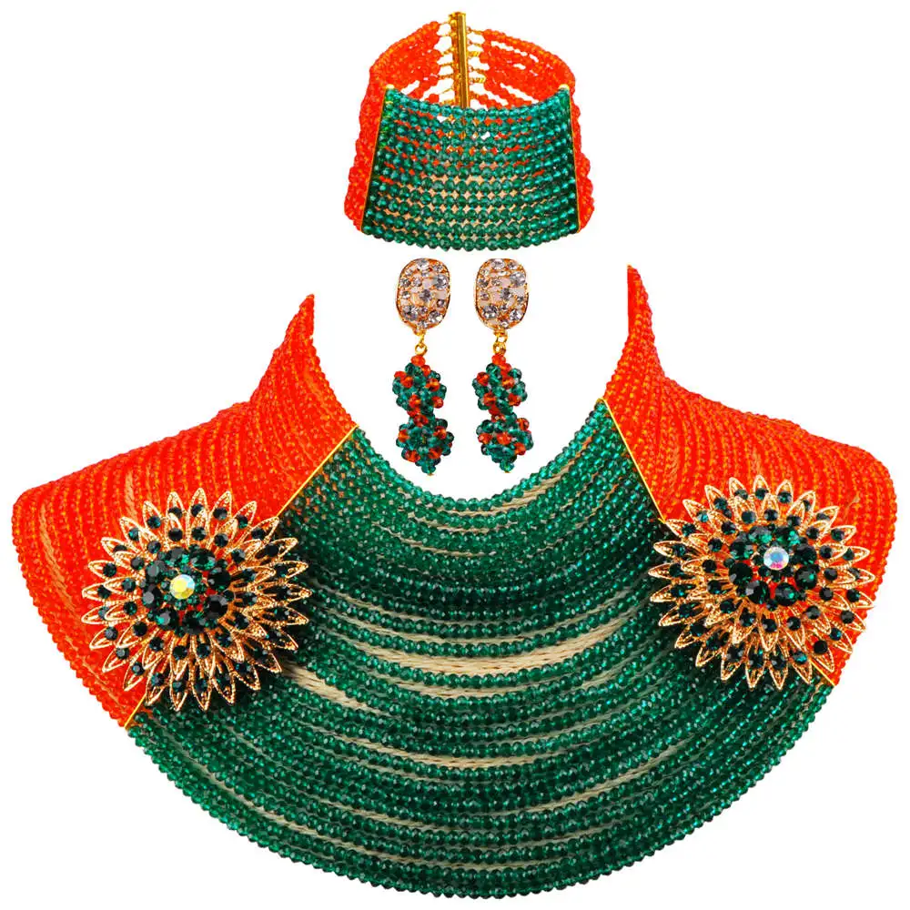 

Fashion 25 Layers Orange and Army Green Teal Green African Necklace Crystal Nigerian Wedding Beads Jewelry Set 25R20