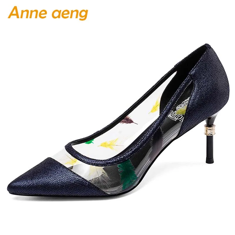 2019 New Spring Genuine Leather Women Pumps Crystal High Thin Heel Pointed Toe Fashion Sexy Leadies Women Shoes Blue High Heel