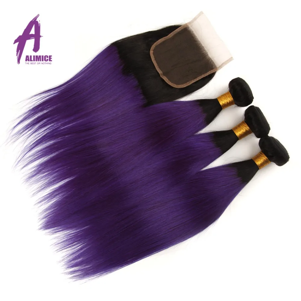 Alimice Ombre Peruvian Straight Hair 2 3 4 Bundles With Closure T1BPurple 2 Tone Ombre Human Hair 100% Remy Hair Weave Bundles  (16)