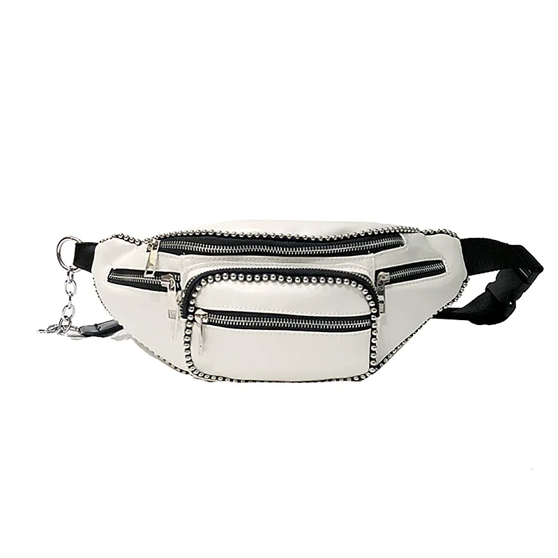

Women's fanny Waist pack chain Shoulder Bag Simple Casual small rivet white bags for women 2019 New summer PU Women's waist bag