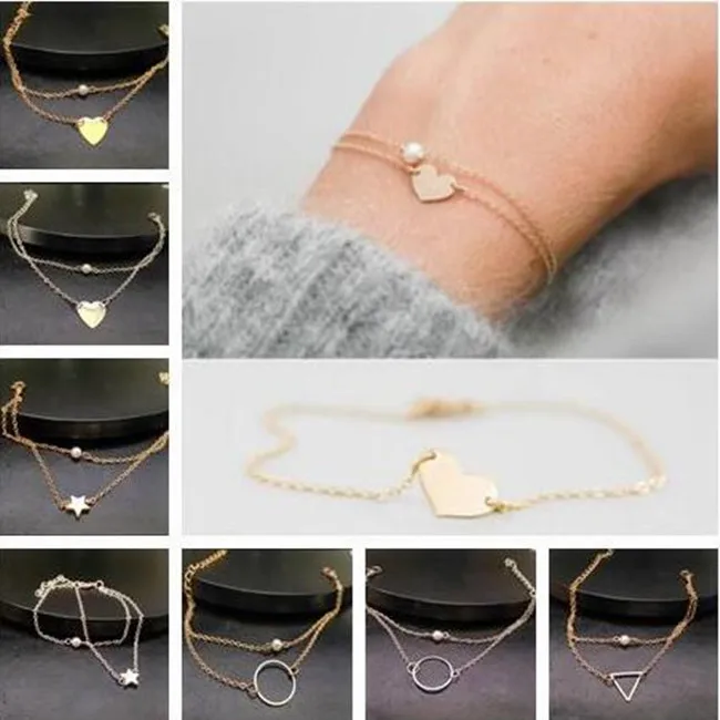 

sl498 European Vintage pearl Bracelet double layer Round triangle five-pointed star Heart Bracelet female jewelry accessories