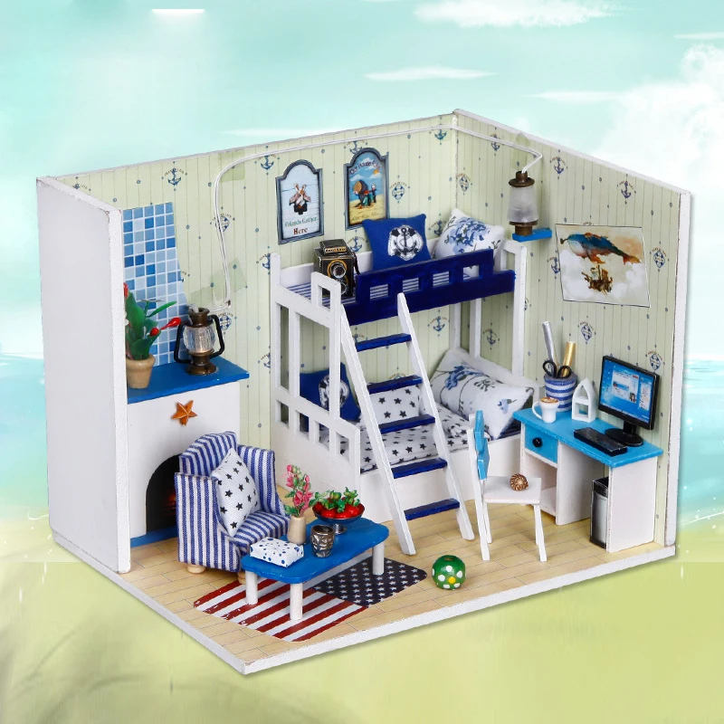 

DIY Doll House Miniatura With Furnitures Creative 3D Wooden Dollhouse Building Model Gift Toys Dark-Blue Dream Q009 #E