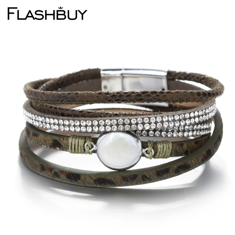 

Flashbuy Shell Rhinestones Bracelet For Women Men Genuine Leather Wrap Bracelet Rsein Pearl Classic Neutral Fashion Jewelry