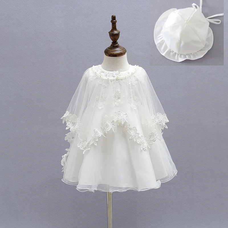 

Ivory Christening Baby Girl Dress 1 year Birthday Party Newborn Princess Dresses + Hat +Shawl Infant Girl Clothes 3PCS/Set