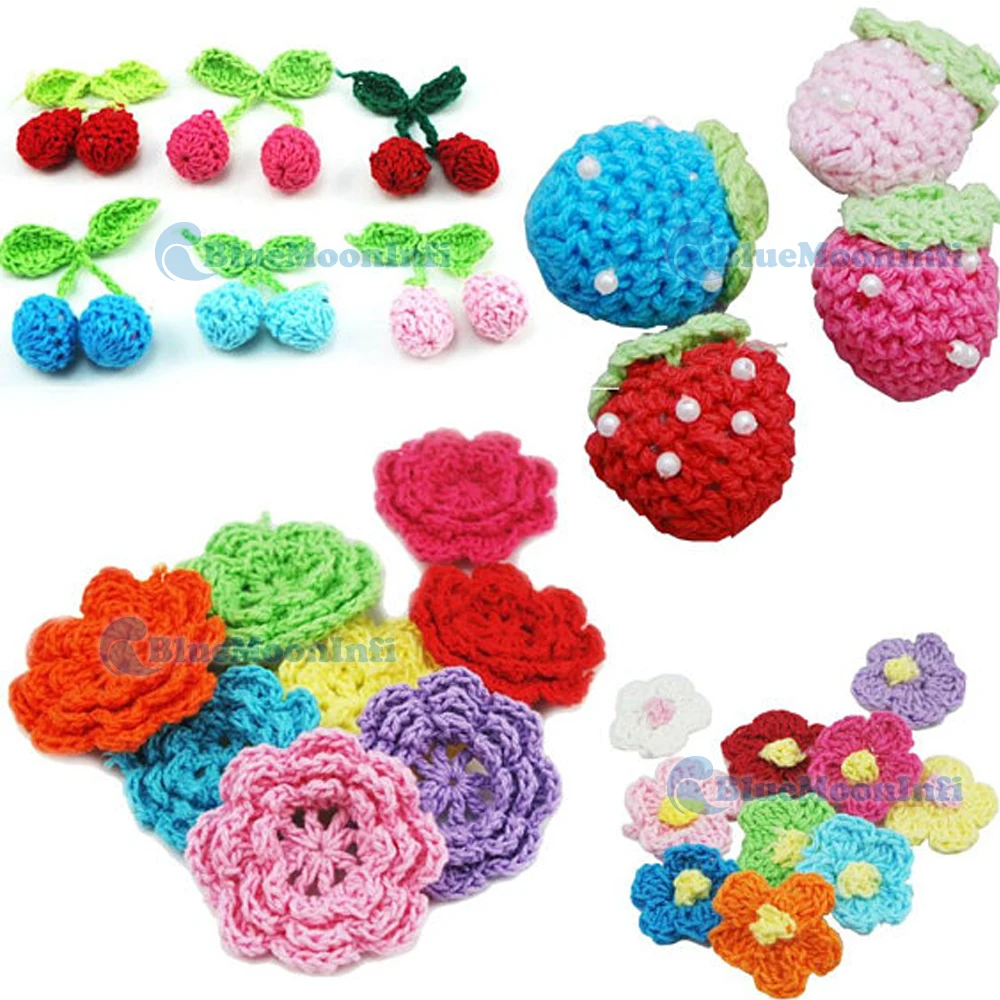 

10/25/50 PCS Knitted Crochet Flower Strawberry Cherry Sewing for Embellishment Leaf Applique Trim Clothes Weaves Bag