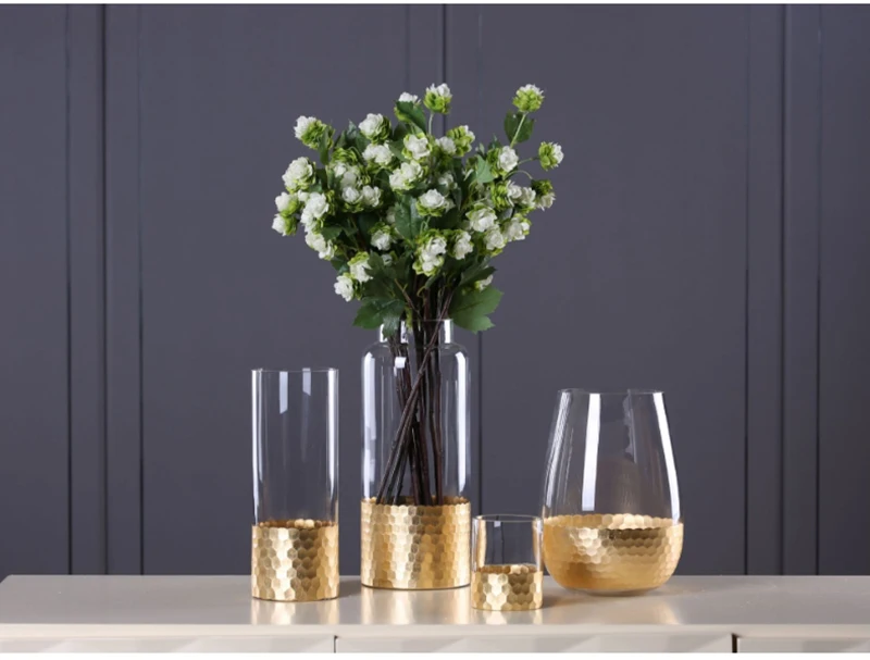 Стеклянная ваза для цветов с золотой фольгой, статуэтки, домашний декор для гостиной, домашний декор, Золотая Настольная Ваза для растений, свадебные подарки