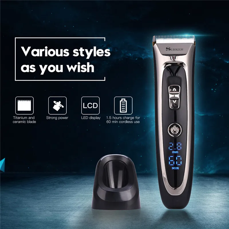 

Professional Hair Clipper Titanium Ceramic Blade Rechargeable Hair Trimmer LED Electric Hair Cutting Machine Iron