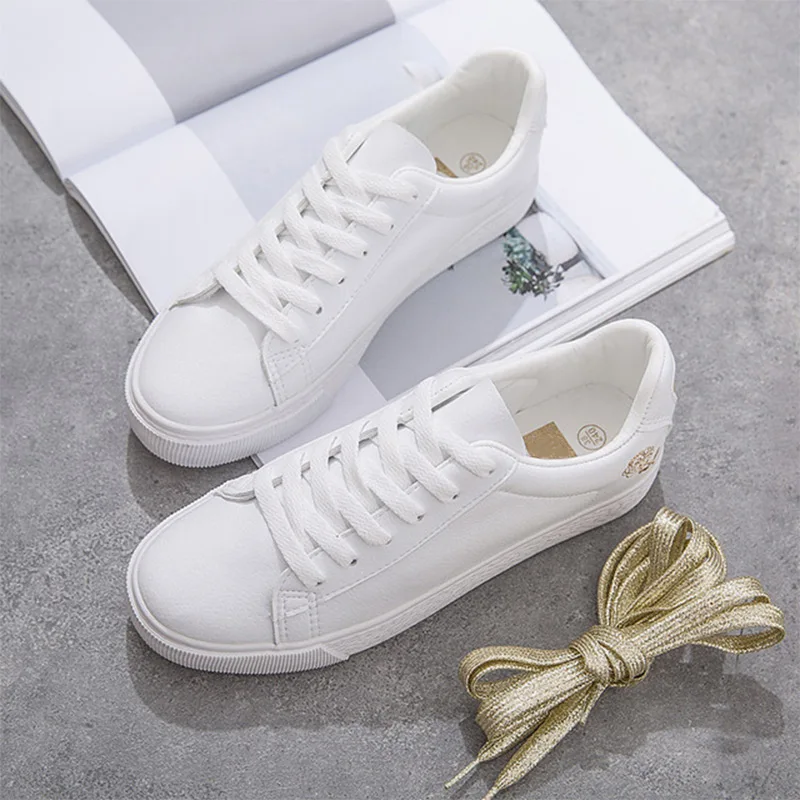 

Women Lace Up Sneakers Casual Flats Pu Waterproof Vulcanize ShoesWoman White Spring Autumn Fashion Student Soft Shoes 2019