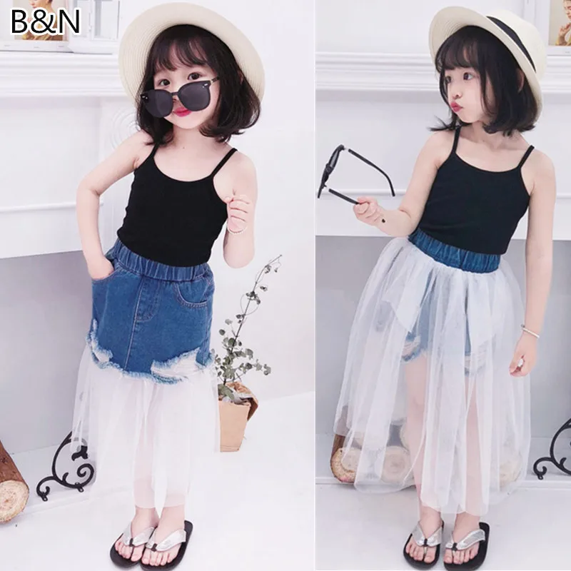 

INS Style Summer Wear Both Sides Tutu Skirts Girl's Half-Length Denim Patchwork Tulle Skirt Fashion Children Clothings 1-6Y