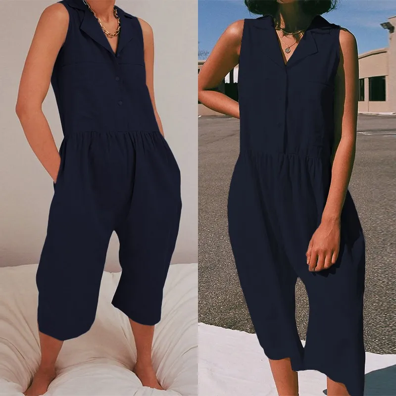 

Linen Overalls Women's Jumpsuits 2019 ZANZEA Casual Button Rompers Sleeveless Cropped Trouser Plus Size Playsuits Woman Pantalon