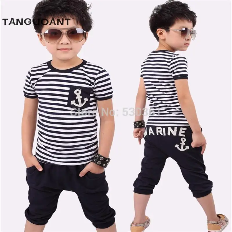 

TANGUOANT Free shipping hot sale summer clothing sets kids pants + Top boys girls Navy Stripe kids clothes children tracksuit
