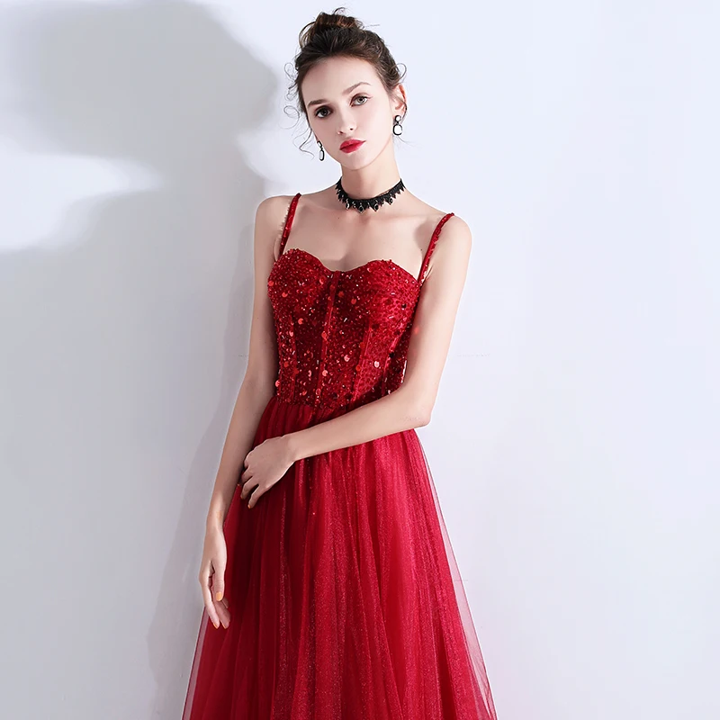 Женское вечернее платье SSYFashion роскошное банкетное бордового цвета с блестками и