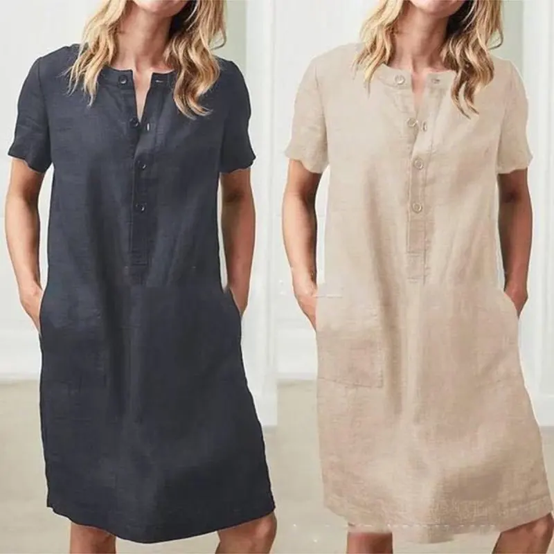 Summer Linen Dress 2019 Celmia Women Tunic Top Short Sleeve Shirt Button Female Vintage Casual Sundress Sarafans Vestidos S-5XL