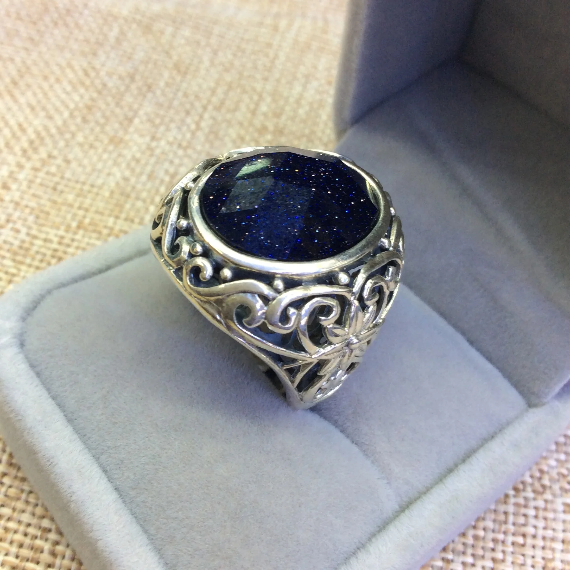 [S925] серебряное инкрустированное кольцо с голубым песком и цветком|flower ring|ring opens925