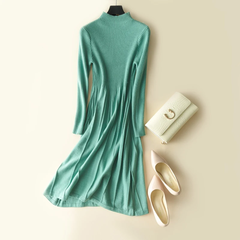 

2019 Autumn and winter women cashmere wool blend dress high neck knit sweater ribbed slim dress dress women plus size Vestidos