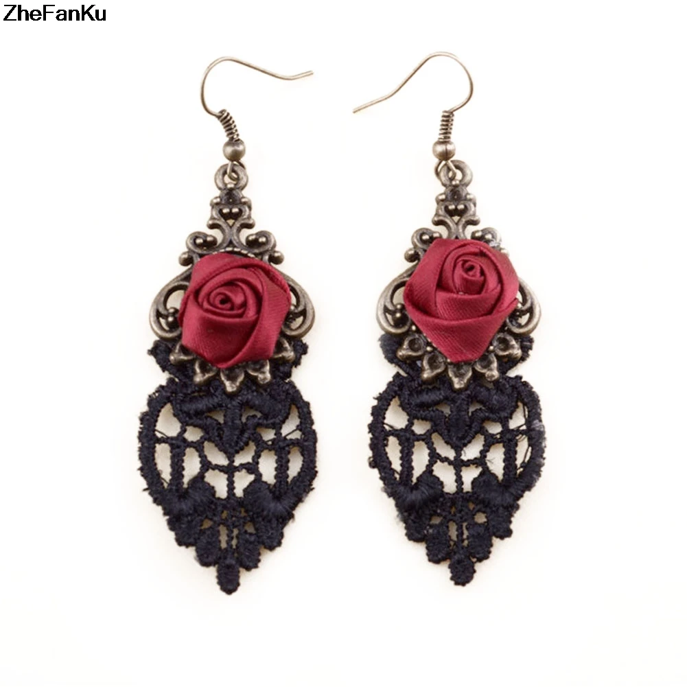 Gothic Rose Drop Earrings Flower Lace Tassel Earring Women Antique