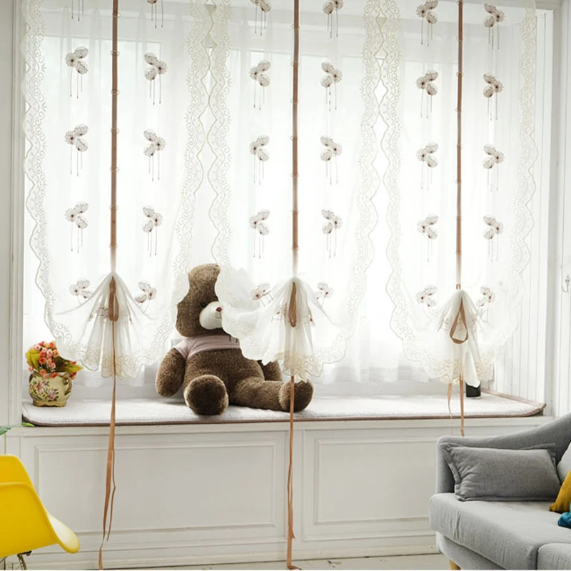 Embroidery Terylene Tulle Sheer Roman Curtains for Window Treatmen Home Decor Chic Country Style Short Curtain