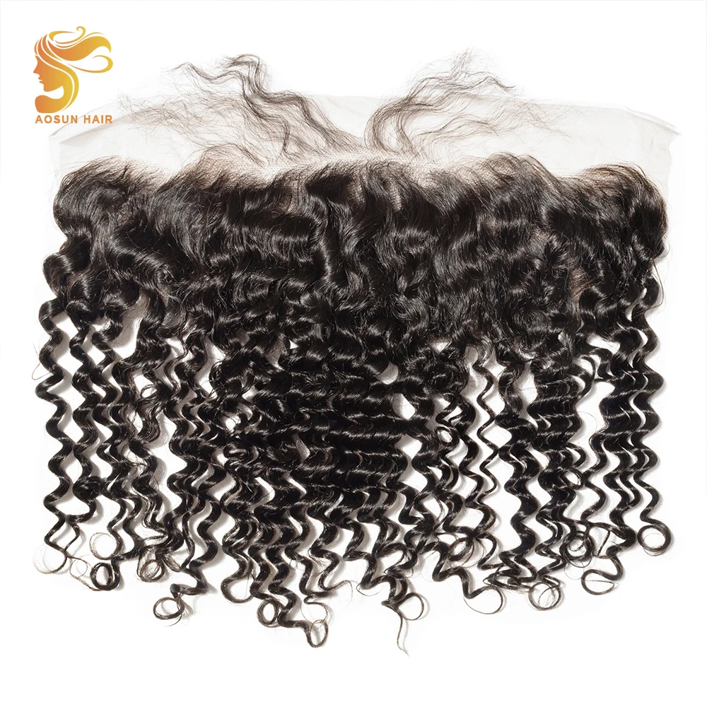 AOSUN HAIR 100% Remy Brazilian Deep Wave Human Hair Lace Frontal Closure 13*4 With Baby Hair Nature Color 8\