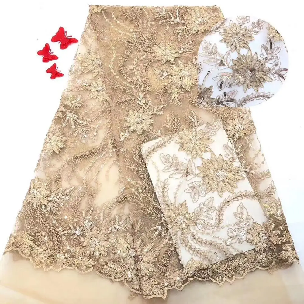 

Gold Blue African Lace Fabric Embroidered Nigerian Guipure French Lace Fabric High quality 2018 African French Net Lace(FJ-6-19