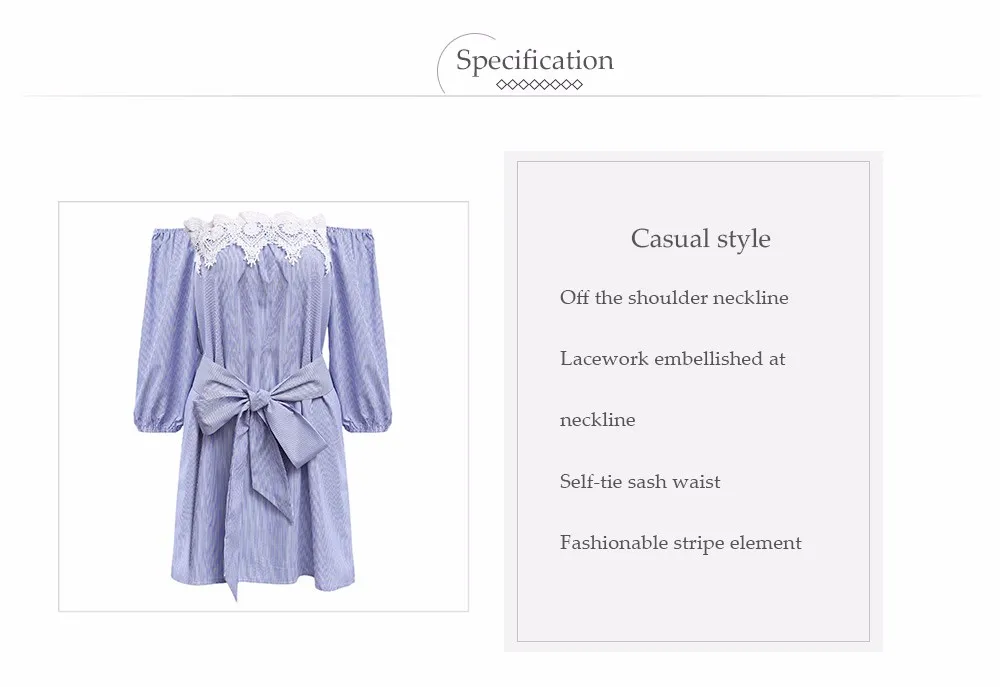 VESTLINDA Off Shoulder Blue Striped White Applique Mini Dress Women Slash Neck Lantern Sleeve Casual Sexy Short Dress With Belt 9