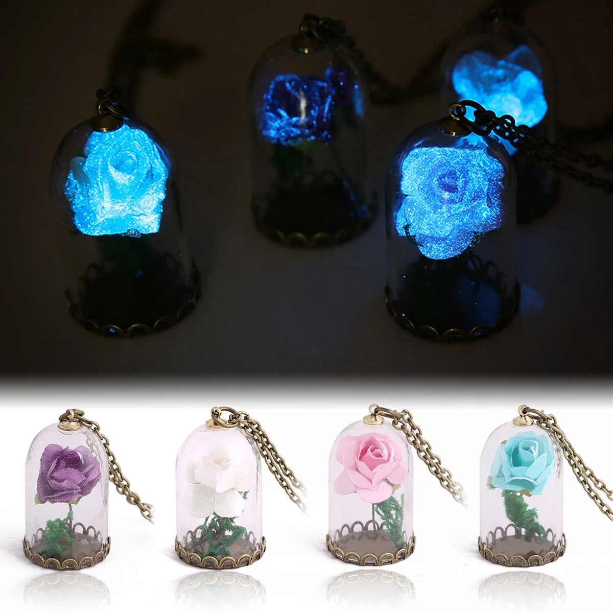 

Vintage Glow In The Dark Jewelry Luminous Flower Pendant Necklace Glass Wishing Bottle Chain Long Statement Necklace Jewelry