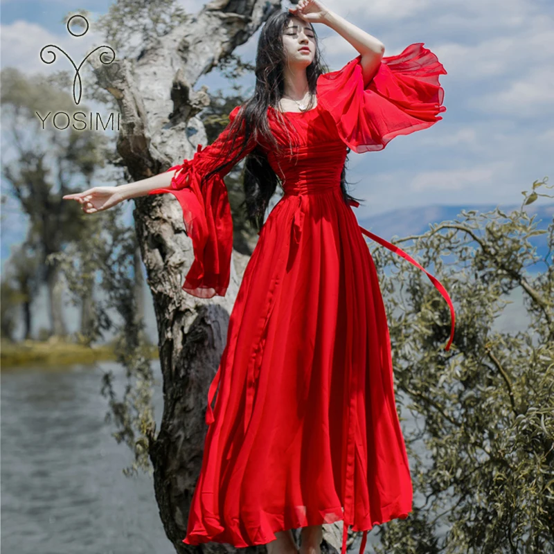 

YOSIMI 2019 Summer Dress Maxi Elegant White Chiffon Long Women Dress Party O-neck Red Butterfly Full Sleeve Female Vestido Long