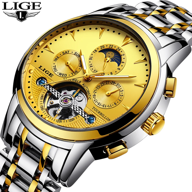 

LIGE 2018 Top Brand Luxury Automatic Mechanical Mens Watches Sport Waterproof Stainless Steel Gold Watch Relogio Masculino+BOX