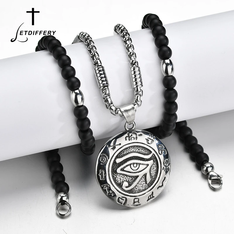 

Letdiffery Pendant Necklaces Link Chain with Black Lava Stone Strand Bead Amule Retro Punk Single Angel Devil Evil Eye Necklace