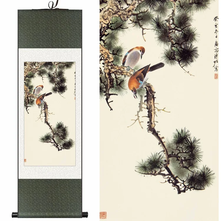 

Chinese Silk watercolor flower and two birds Pine trees ink art feng shui canvas wall picture damask framed scroll painting