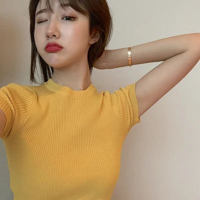 6 цветов, лето, винтажные стильные одноцветные тонкие футболки с коротким рукавом, женские вязаные топы, футболки для женщин(R77703 - Цвет: Цвет: желтый