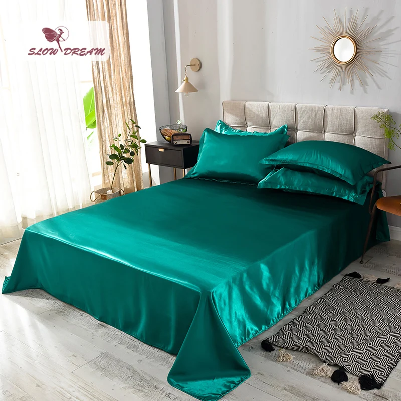 

Slowdream Green Solid Color Flat Sheet Double Queen King Size 100% Silk Fabric Luxury Bedding Linen European Style Home 1PCS