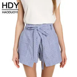 HDY Haoduoyi 2019 летние шорты в полоску для женщин Свободное длинное платье с длинными рукавами тонкий высокая посадка на пуговице Culotte шнуровкой