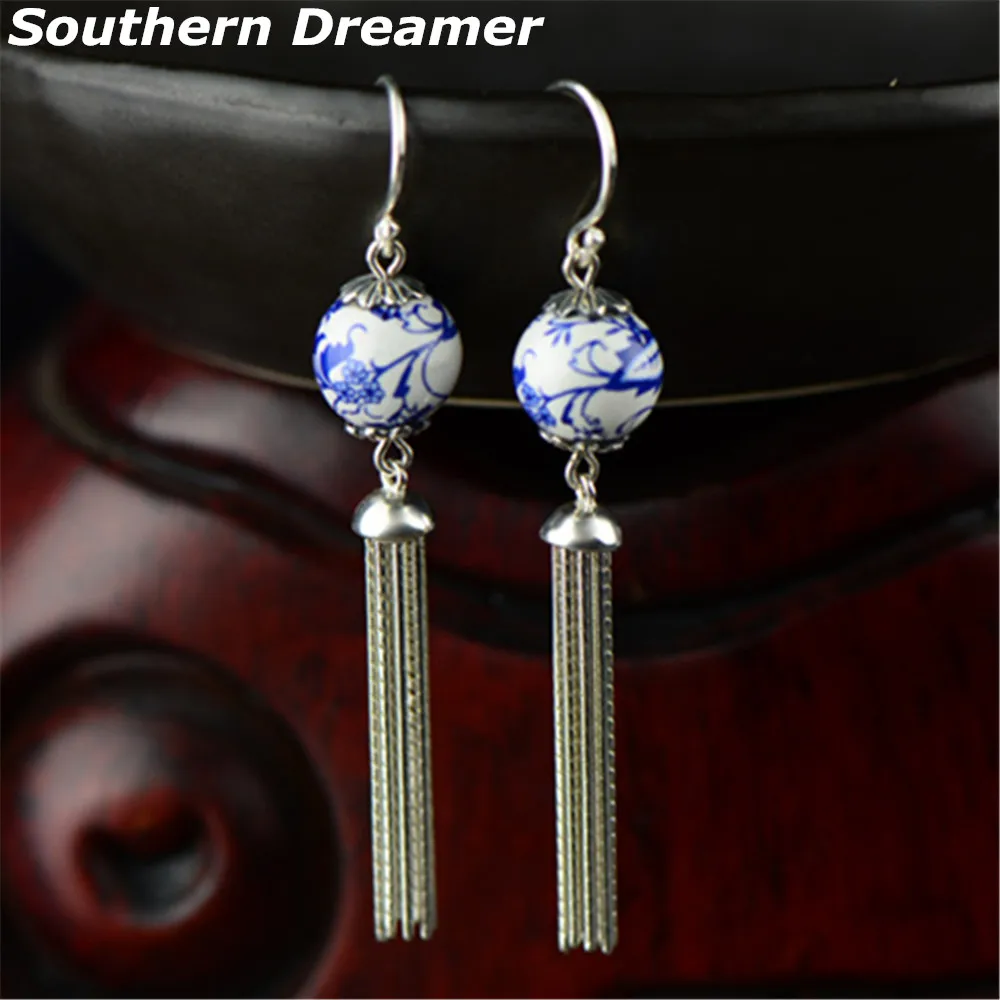Vintage 925 Sterling Silver Tassels Earrings With Round Porcelain Beads