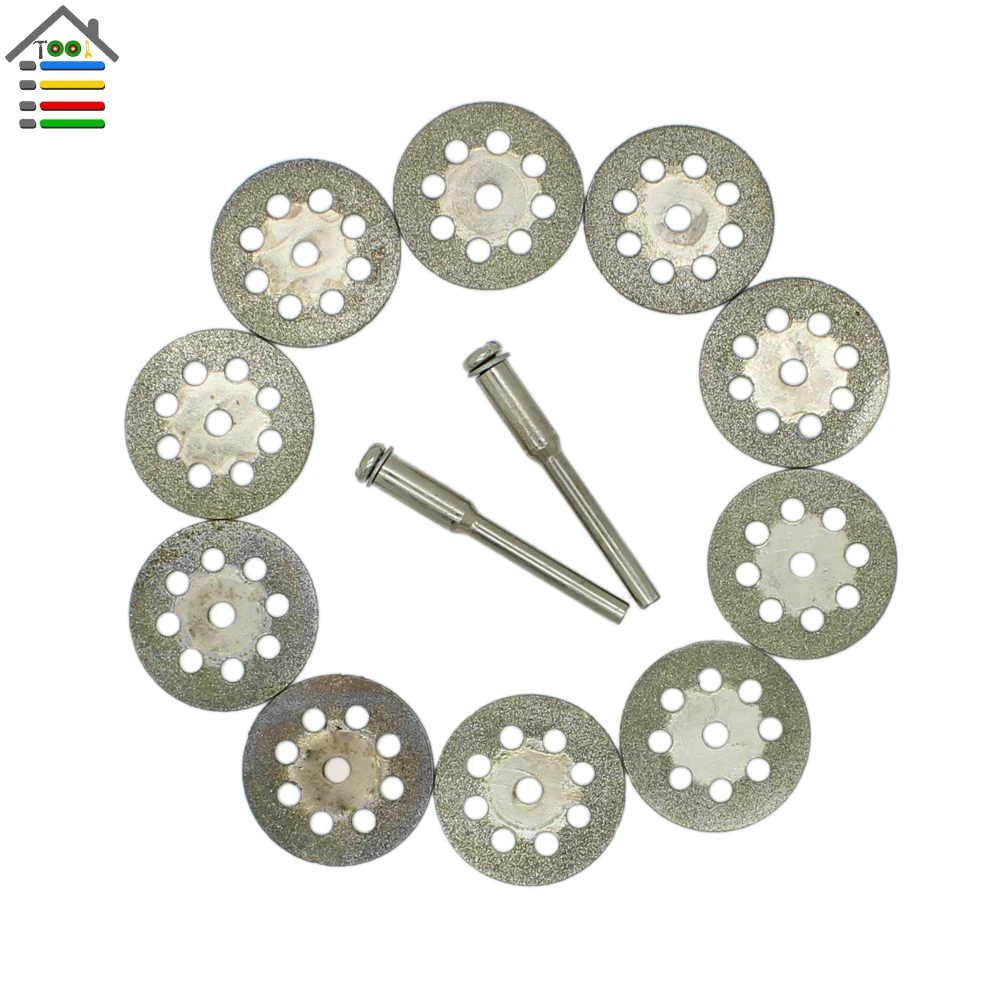 

10Pcs 22mm Mini Sharp Diamond Cut Off Rotary Tool Cutting Disc Disks DIY Tools Accessories For Dremel with 2 Pcs Rod Mandrel