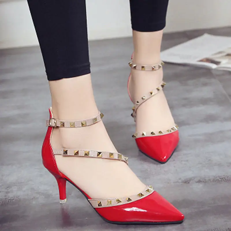 Brand Women Pumps Wedding Shoes Woman High Heels Nude Fashion Ankle Straps Rivets Shoes Sexy Bridal Shoes 6CM - Цвет: 905 Red