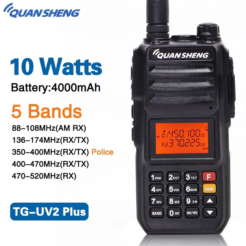Quansheng TG-UV2 плюс высокая Мощность 10 Вт 5 полос 136-174 мГц/полиции 350-390MH/400-470 мГц 4000 мАч 10 км Long Range 200CH Walkie Talkie