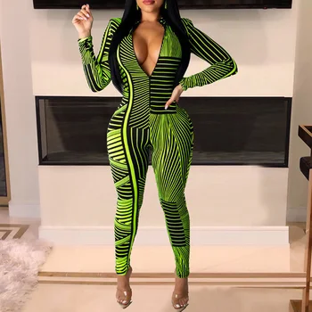 

Striped slunge zipper design rompers womens jumpsuit 2019 Autumn 2019 fashion long sleeve bodycon jumpsuit Overalls woman