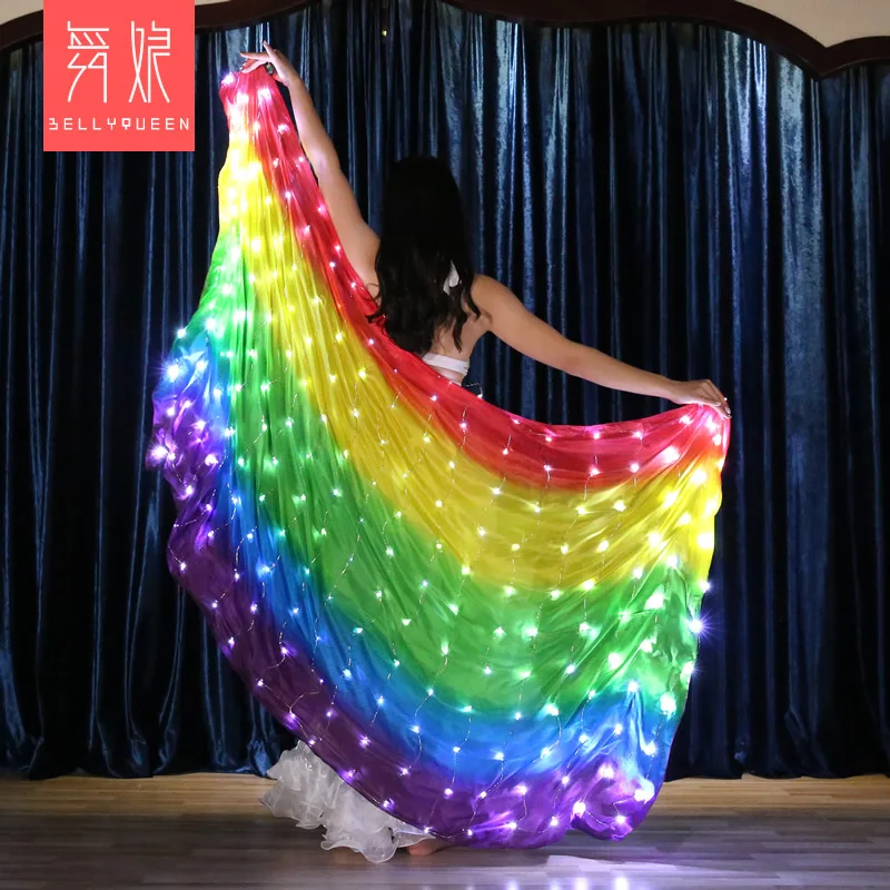 

100% Silk Professional Handmade Veils Belly Dance Scarf Shawl With LED Rainbow Silk Veil Shawl For Women Bellydance Accessories