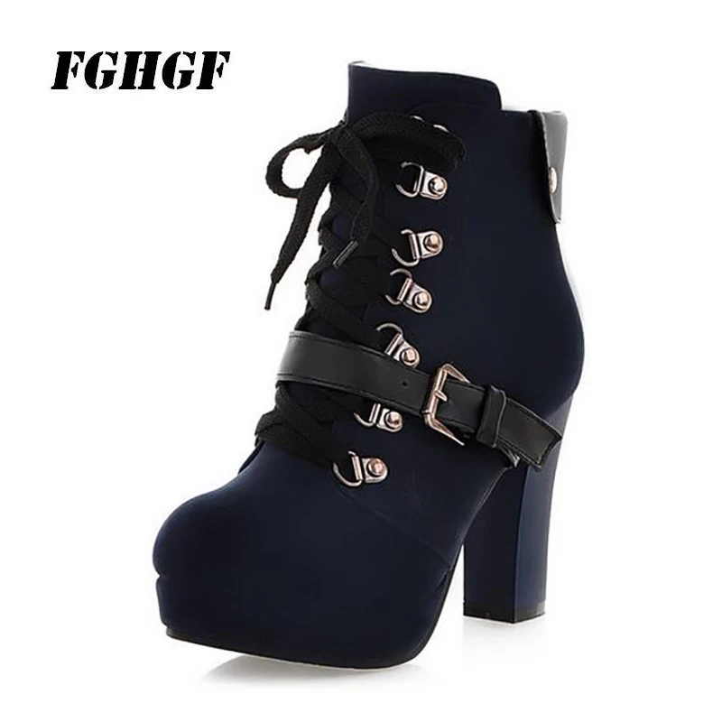 

New winter Vintage chunky Martin boots Belt buckle Lace-up boots Super high heels Waterproof Taiwan leisure Big yards34-43