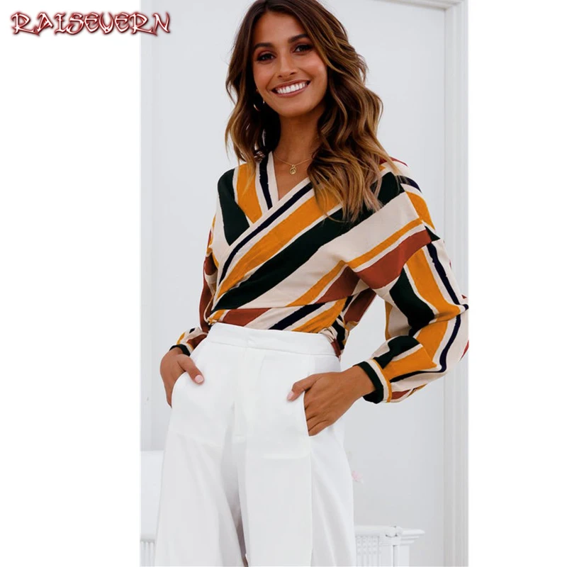 Prix RAISEVERN Rétro V Cou Croix Écharpes Wrap Bandage Imprimé Rayures Chemises Tops Femmes À Manches Longues Décontracté Dame Automne Chemisier Femme