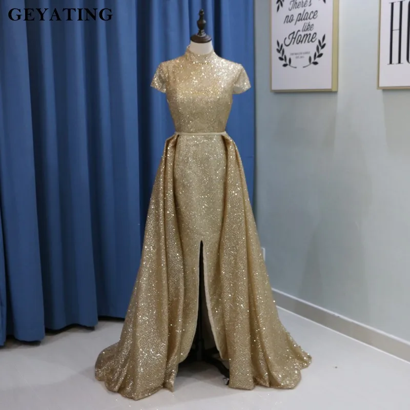 Блестящее Золотое арабское дубайское вечернее платье с рукавами со съемным шлейфом с высоким вырезом и разрезом цвета шампанского, длинные платья для выпускного вечера - Цвет: Same as picture