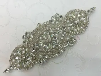

Retail Bridal Rhinestone Pearl Applique Iron On Beaded Patch FA-030