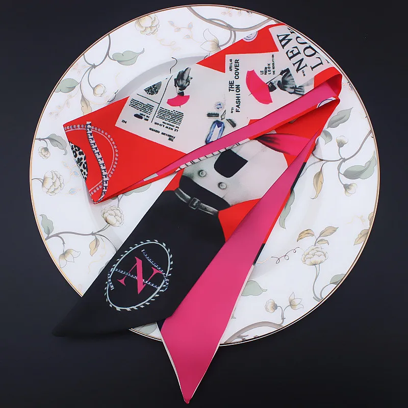 Letters Print Twill Silk Scarf Women Luxury Designer Fashion Handbag Bow Ribbons Hair Headband Summer Female Small Head Scarves