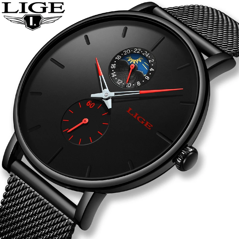 

LIGE Mens Watches Top Brand Luxury Casual Fashion Watch Men Simple Moon Phase Clock Waterproof Quartz Watch Relogio Masculino