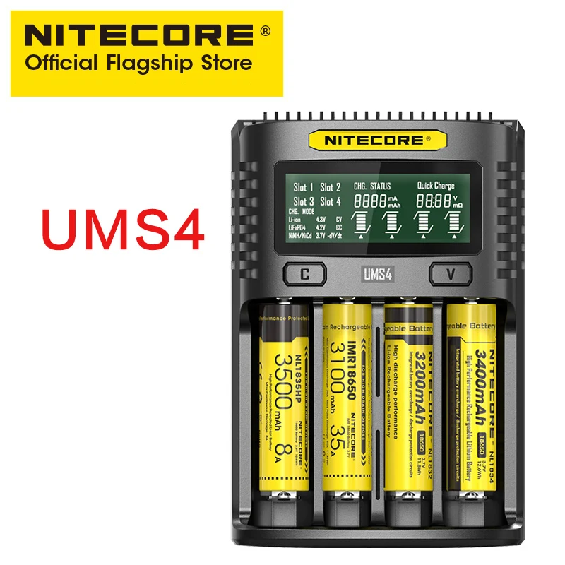 NITECORE UMS4 интеллектуальное четырехслотовое зарядное устройство QC для быстрой зарядки 4A высокотоковое многофункциональное зарядное устройство ums4