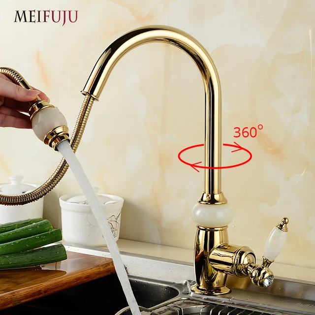 Best Price Luxury Golden Handheld Pull Out Kitchen Faucet Deck Mounted Single Hole Kitchen Sink 360 Swivel Kitchen Mixer Hot and Cold Taps