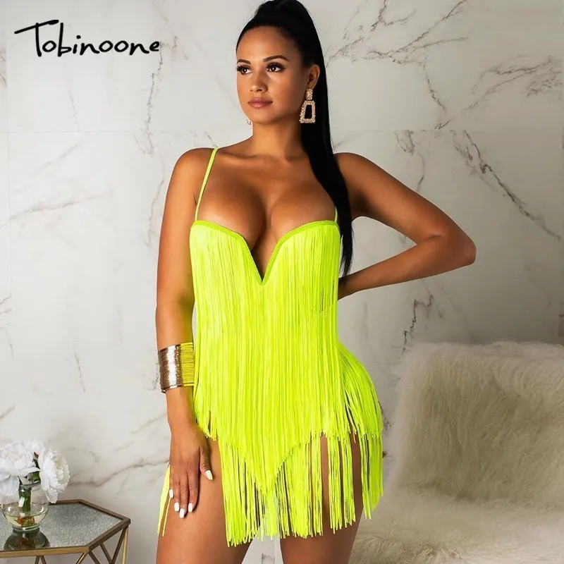 

Tobinoone Sexy High Quality Elastic Tassel Mini Dress Women Summer Strapless Bodycon Party Clubwear Dress Two Piece Vestidos